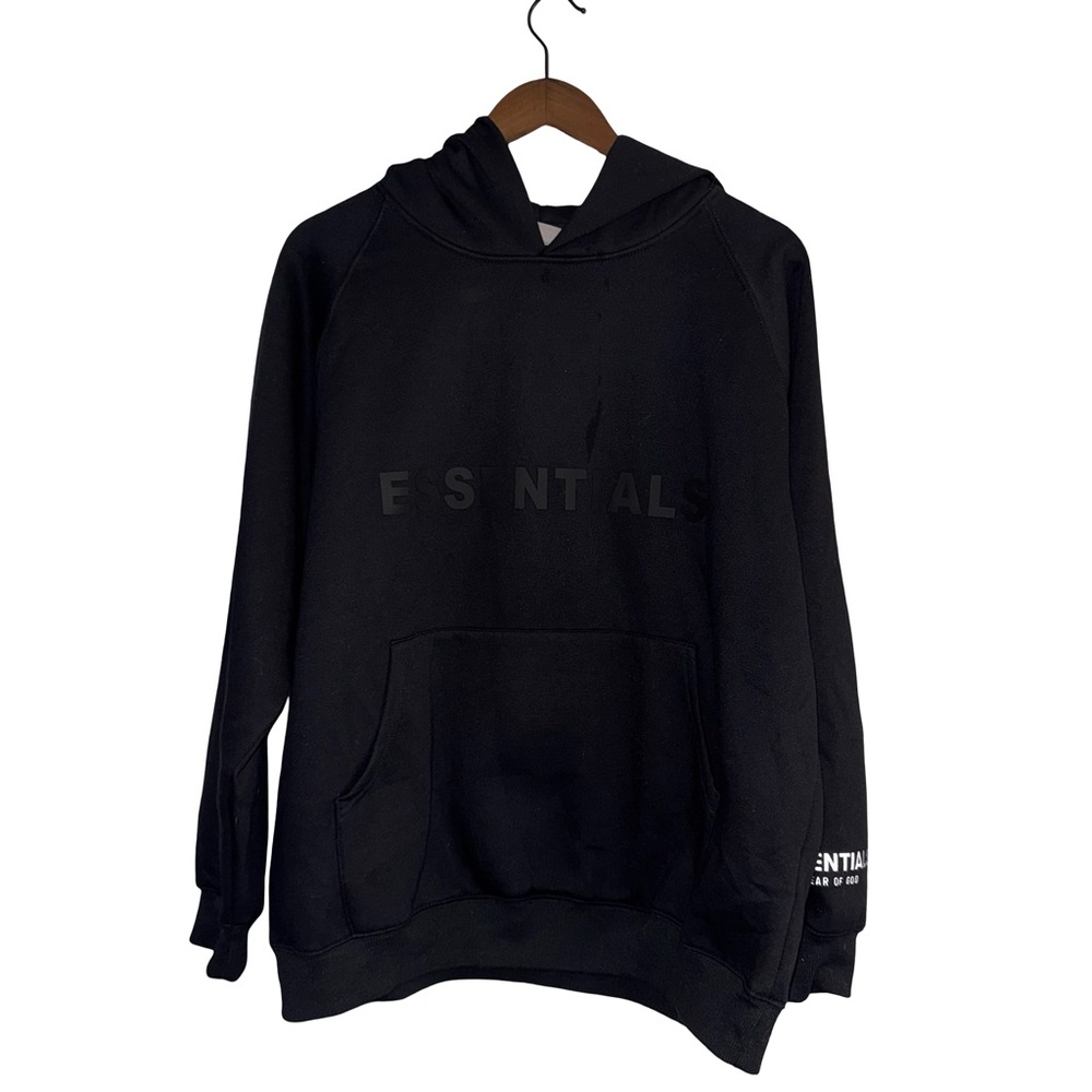 Fear of God Essentials Hoodie Black Tonal Logo Pullover Size M FOG Streetwear - Picture 2 of 7